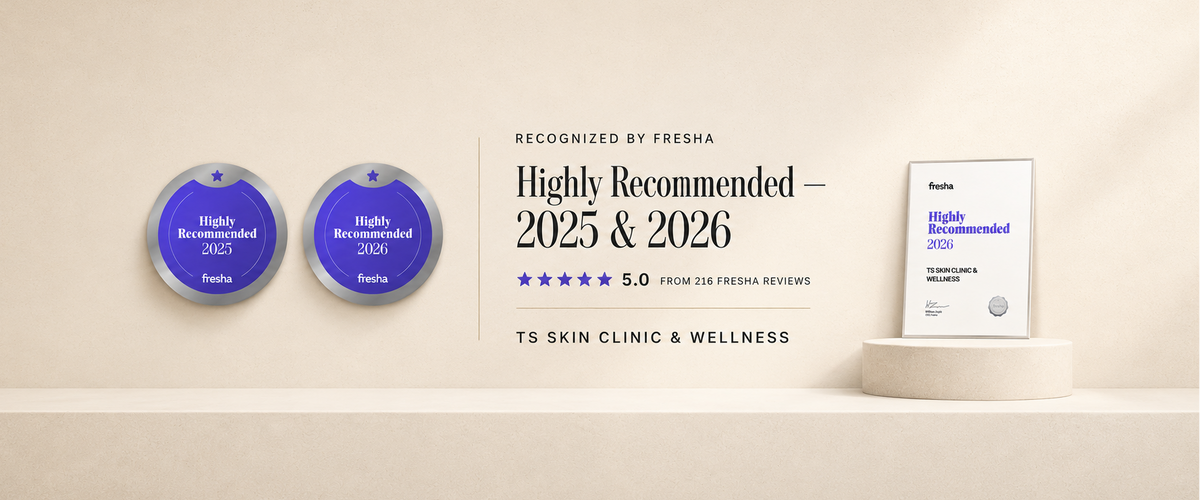 Fresha Highly Recommended 2025 and 2026 awards for TS Skin Clinic & Wellness, rated 5.0 from 216 reviews.
